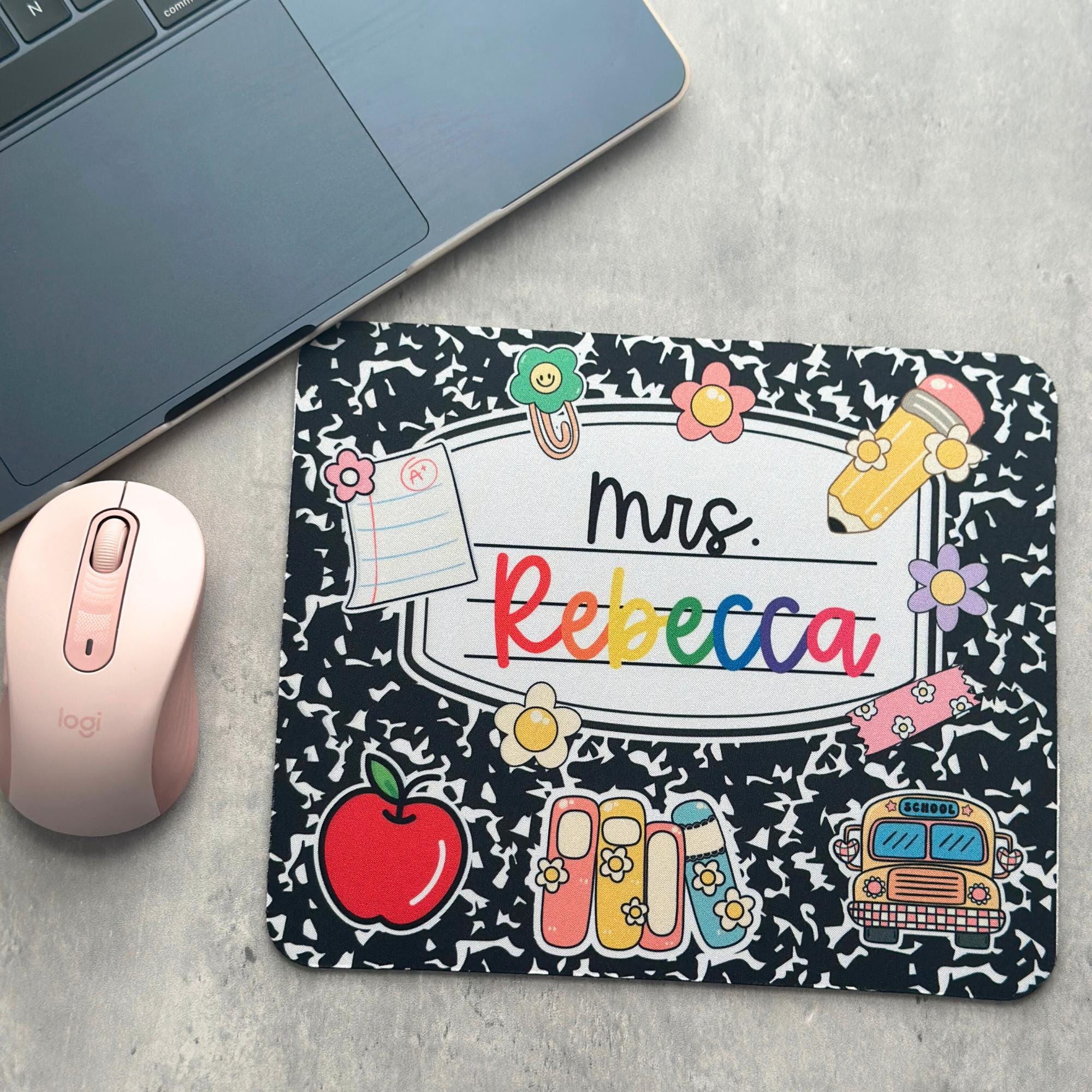 Personalized Teacher Mouse Pad, Custom Name Gift, Composition Notebook Style