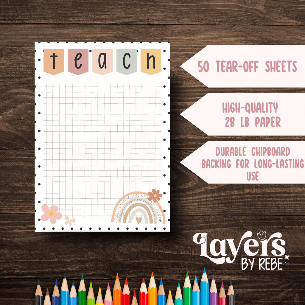 Boho Teacher Notepad: Rainbow Floral Grid Paper - 5x7"