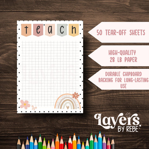 Boho Teacher Notepad: Rainbow Floral Grid Paper - 5x7"