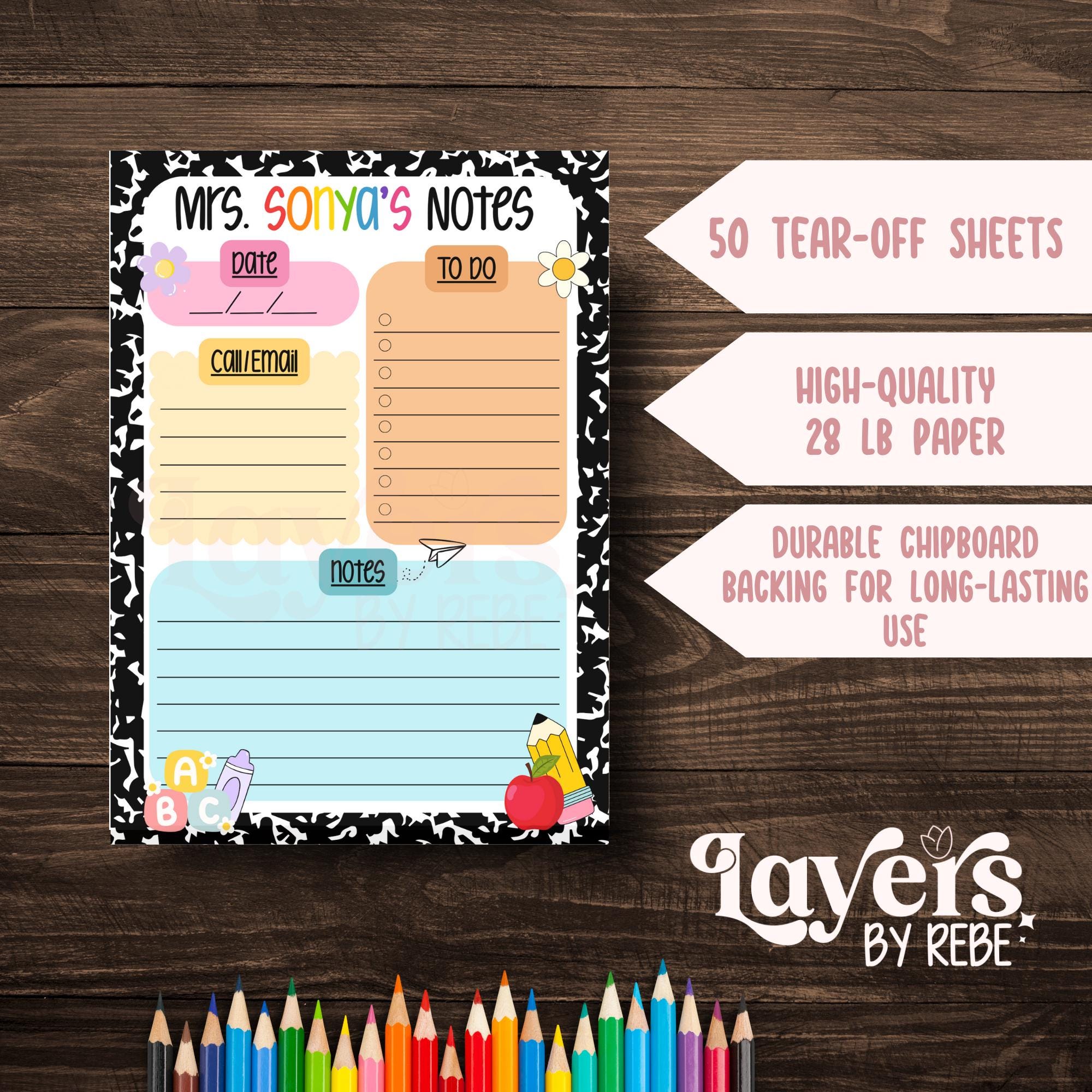 Personalized Teacher Notepad, Rainbow Composition Style, Custom Teacher Gift, To Do List, Email Log, Notes Pad for Classroom Desk
