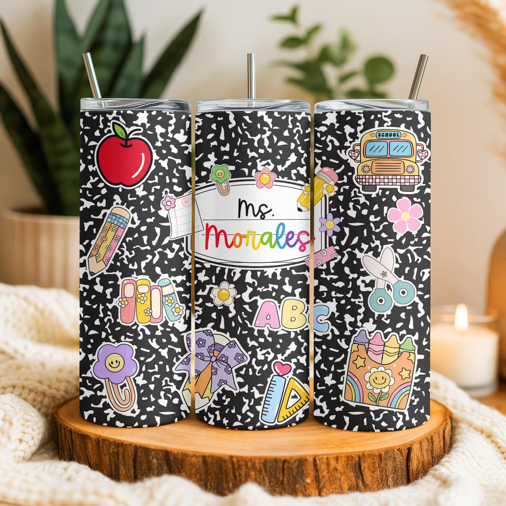 Personalized Teacher Tumbler 20oz | Custom Name Teacher Cup | Back to School Gift | Composition Notebook Tumbler