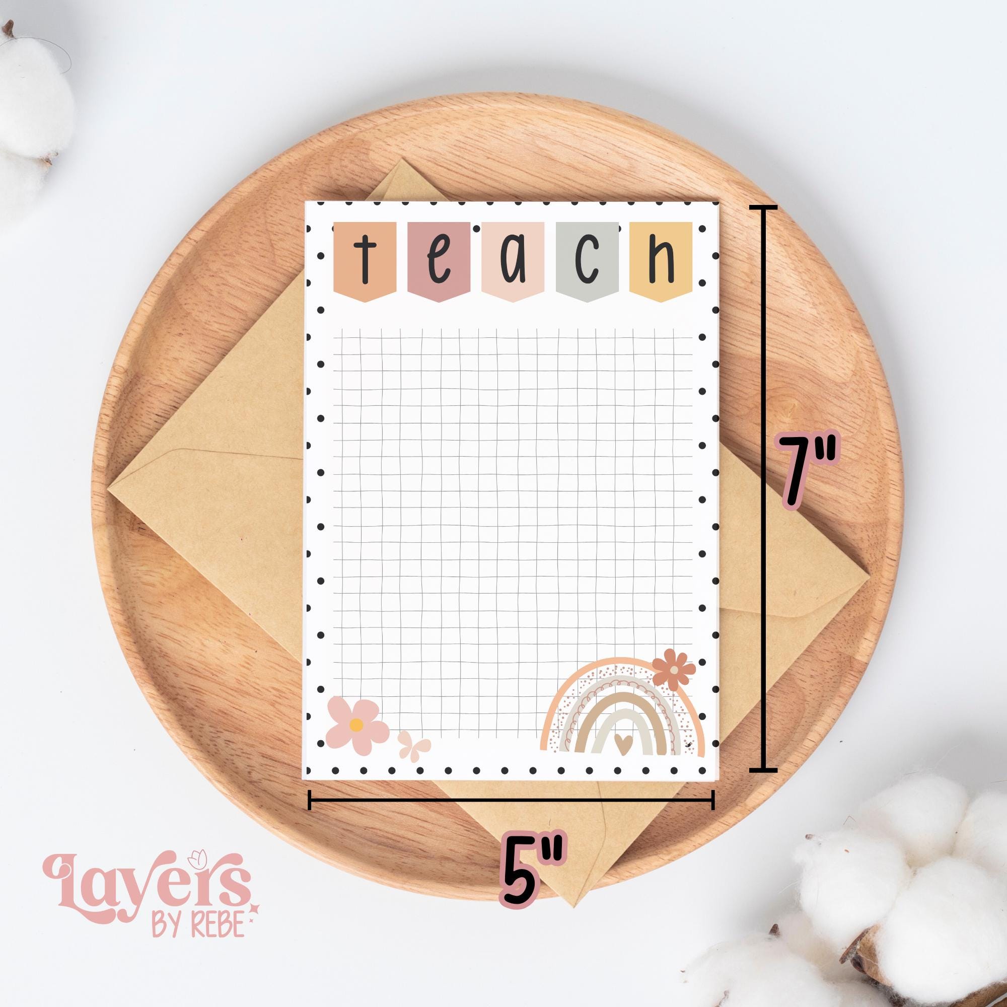 Boho Teacher Notepad: Rainbow Floral Grid Paper - 5x7"
