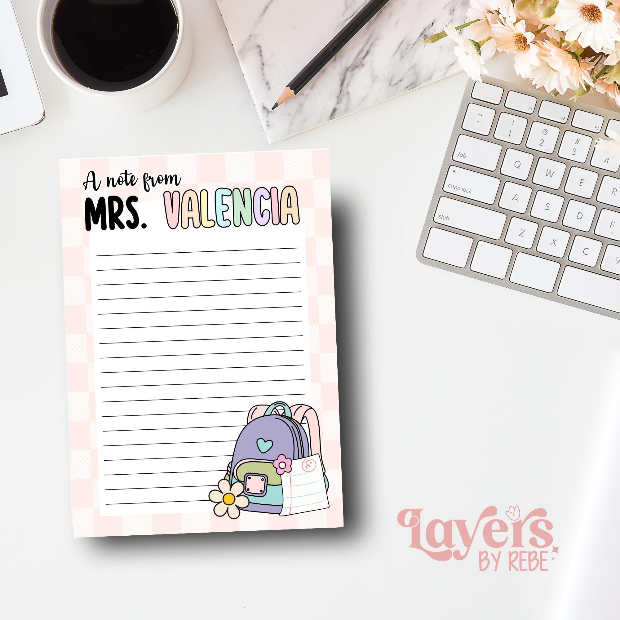 Personalized Teacher Notepad, Custom Name Stationery, Pastel Backpack Design
