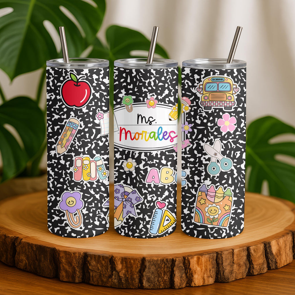 Personalized Teacher Tumbler 20oz | Custom Name Teacher Cup | Back to School Gift | Composition Notebook Tumbler