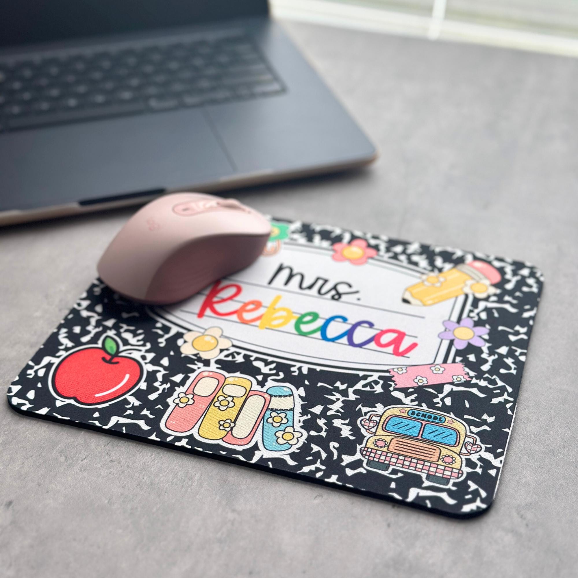 Personalized Teacher Mouse Pad, Custom Name Gift, Composition Notebook Style
