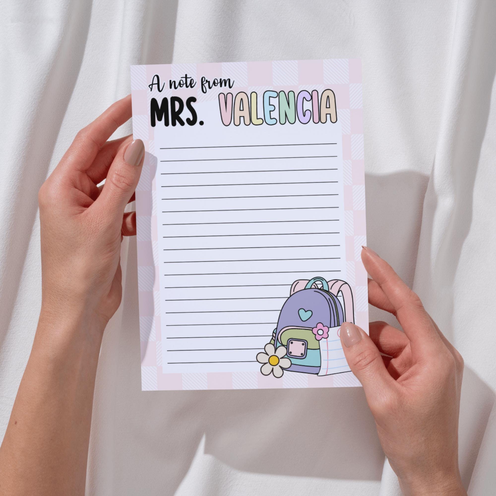 Personalized Teacher Notepad, Custom Name Stationery, Pastel Backpack Design