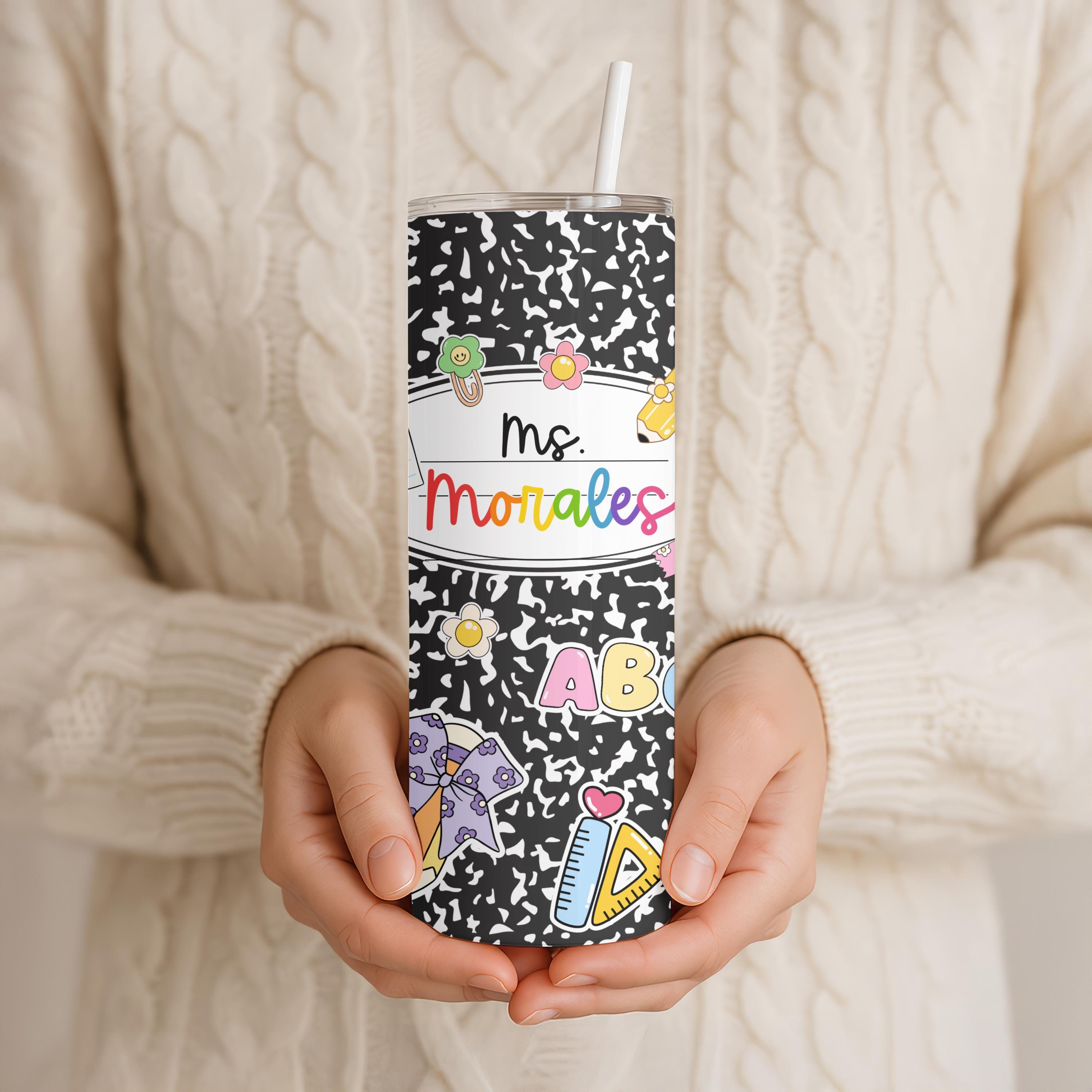 Personalized Teacher Tumbler 20oz | Custom Name Teacher Cup | Back to School Gift | Composition Notebook Tumbler