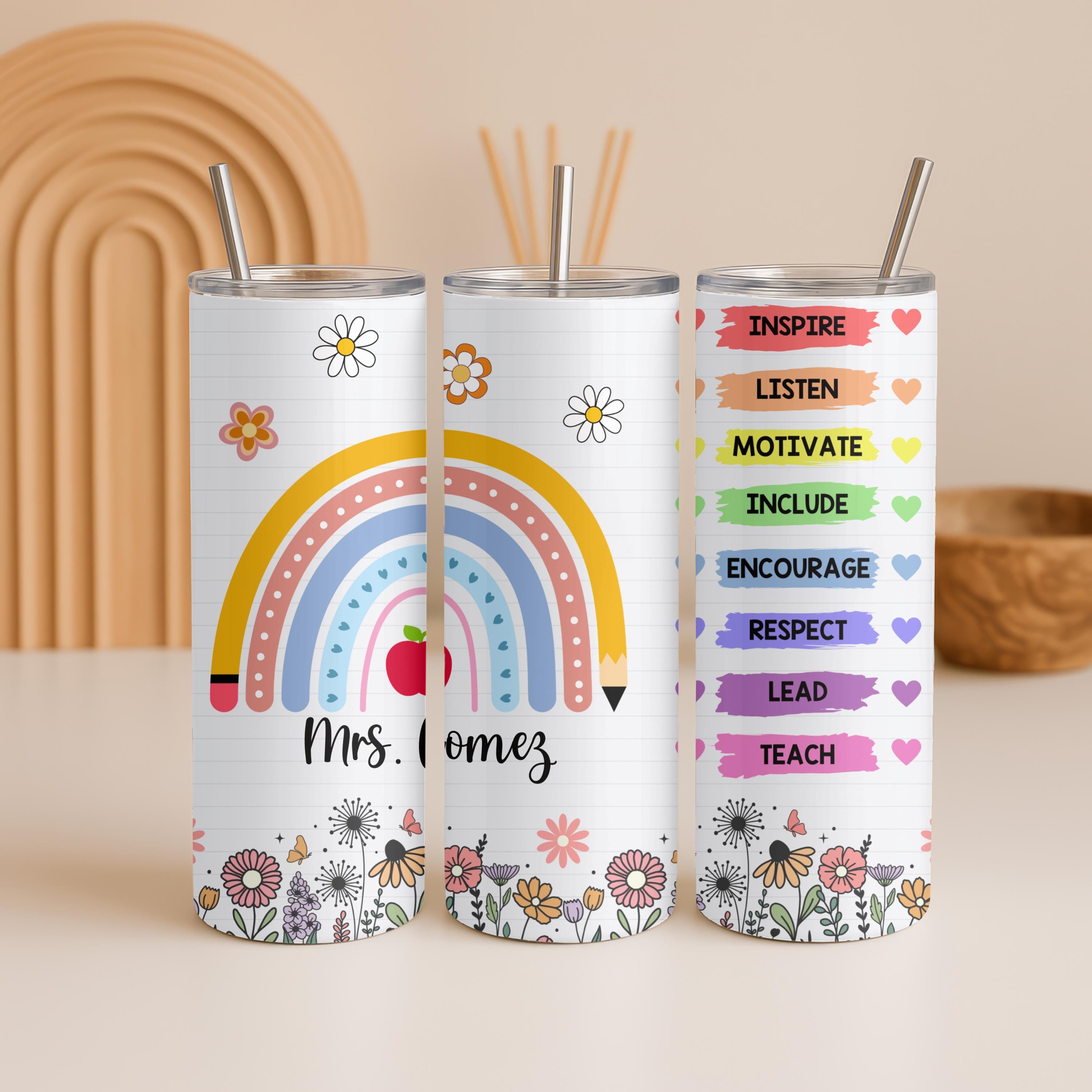 Personalized Teacher Tumbler 20oz | Rainbow Teacher Cup | Custom Name Tumbler | Inspirational Teacher Gift
