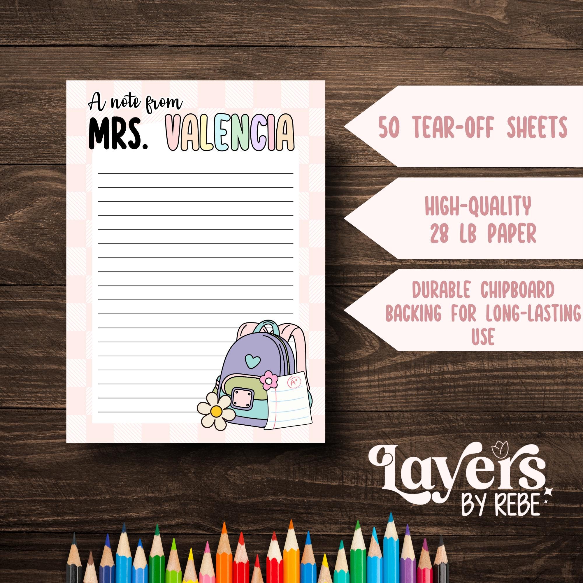 Personalized Teacher Notepad, Custom Name Stationery, Pastel Backpack Design
