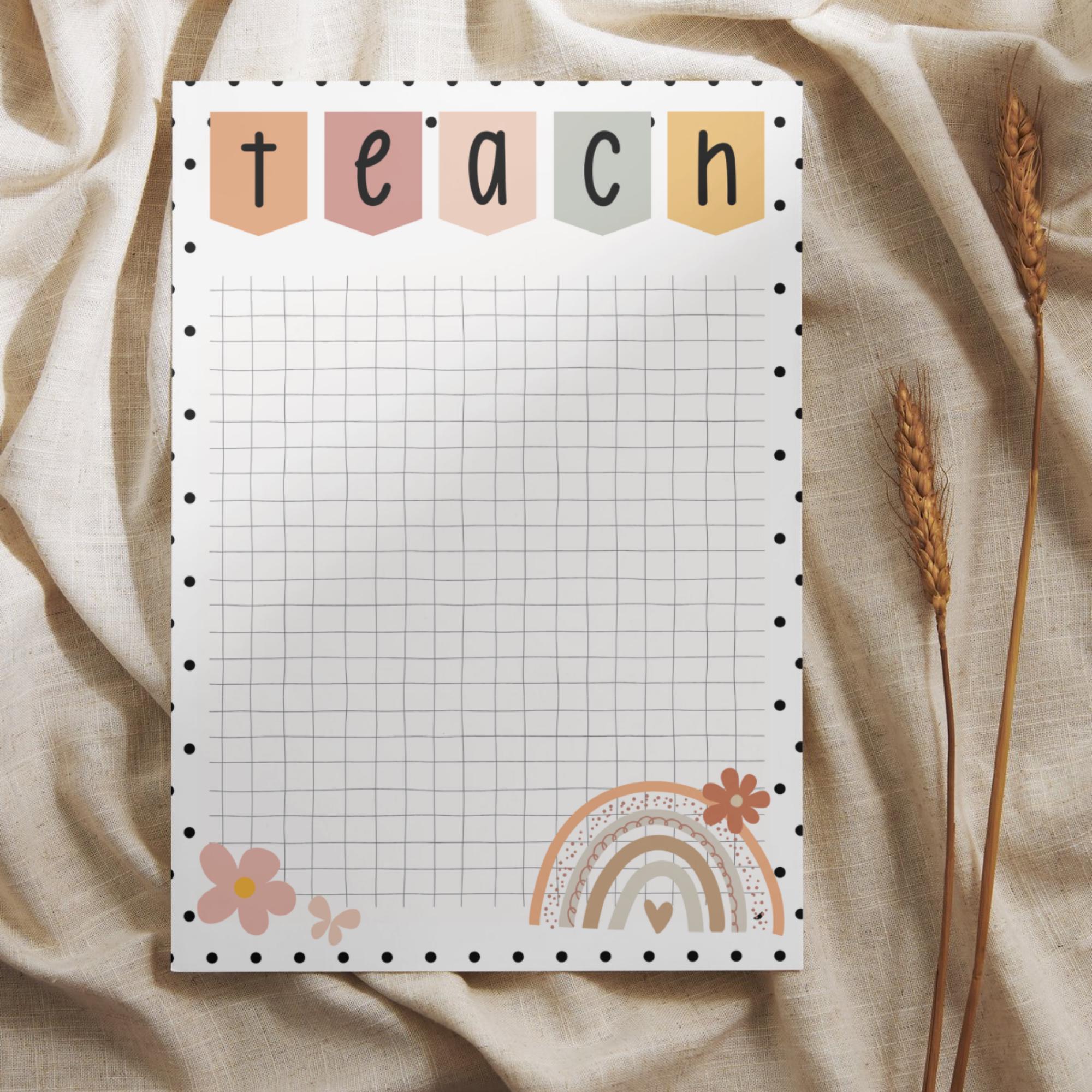 Boho Teacher Notepad: Rainbow Floral Grid Paper - 5x7"