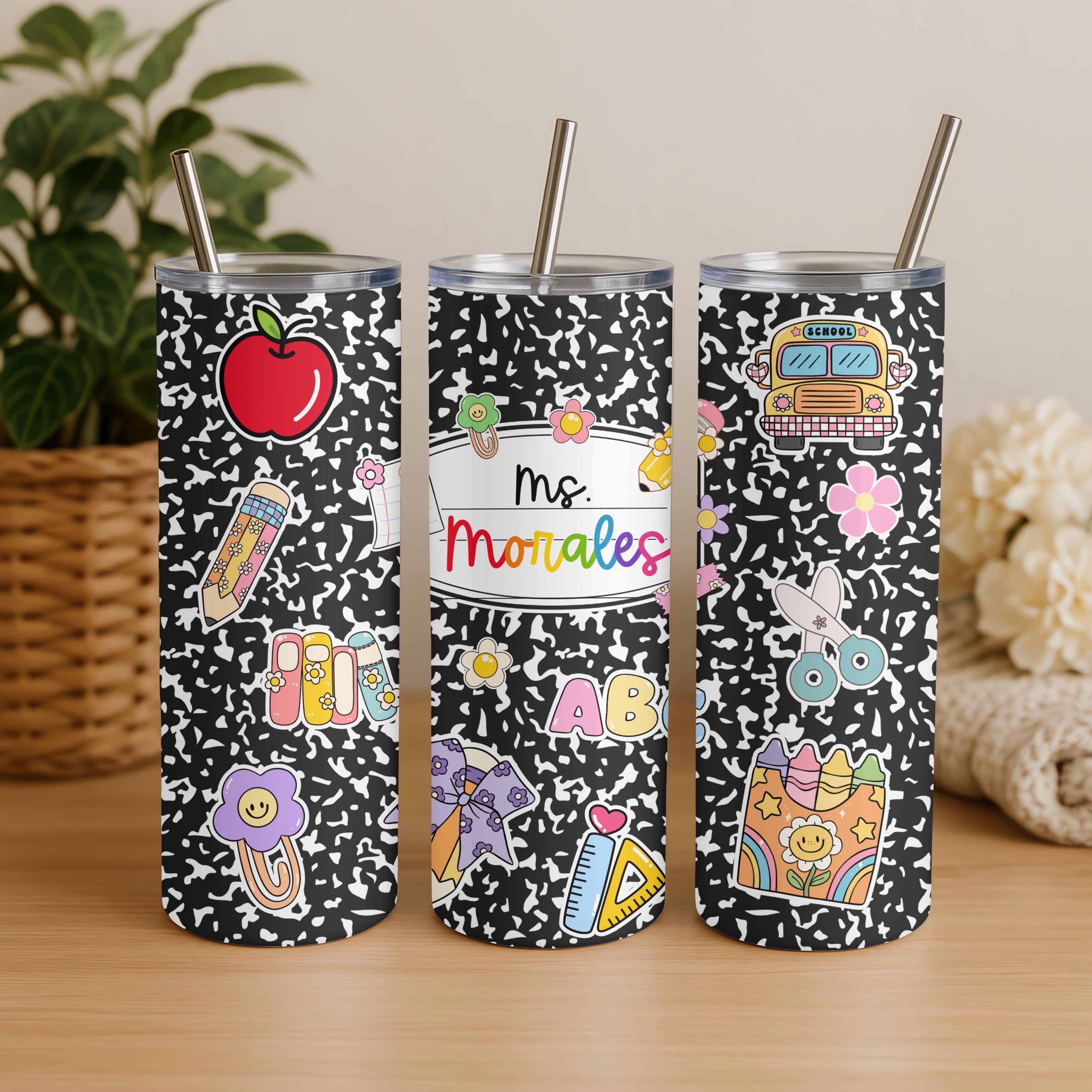 Personalized Teacher Tumbler 20oz | Custom Name Teacher Cup | Back to School Gift | Composition Notebook Tumbler