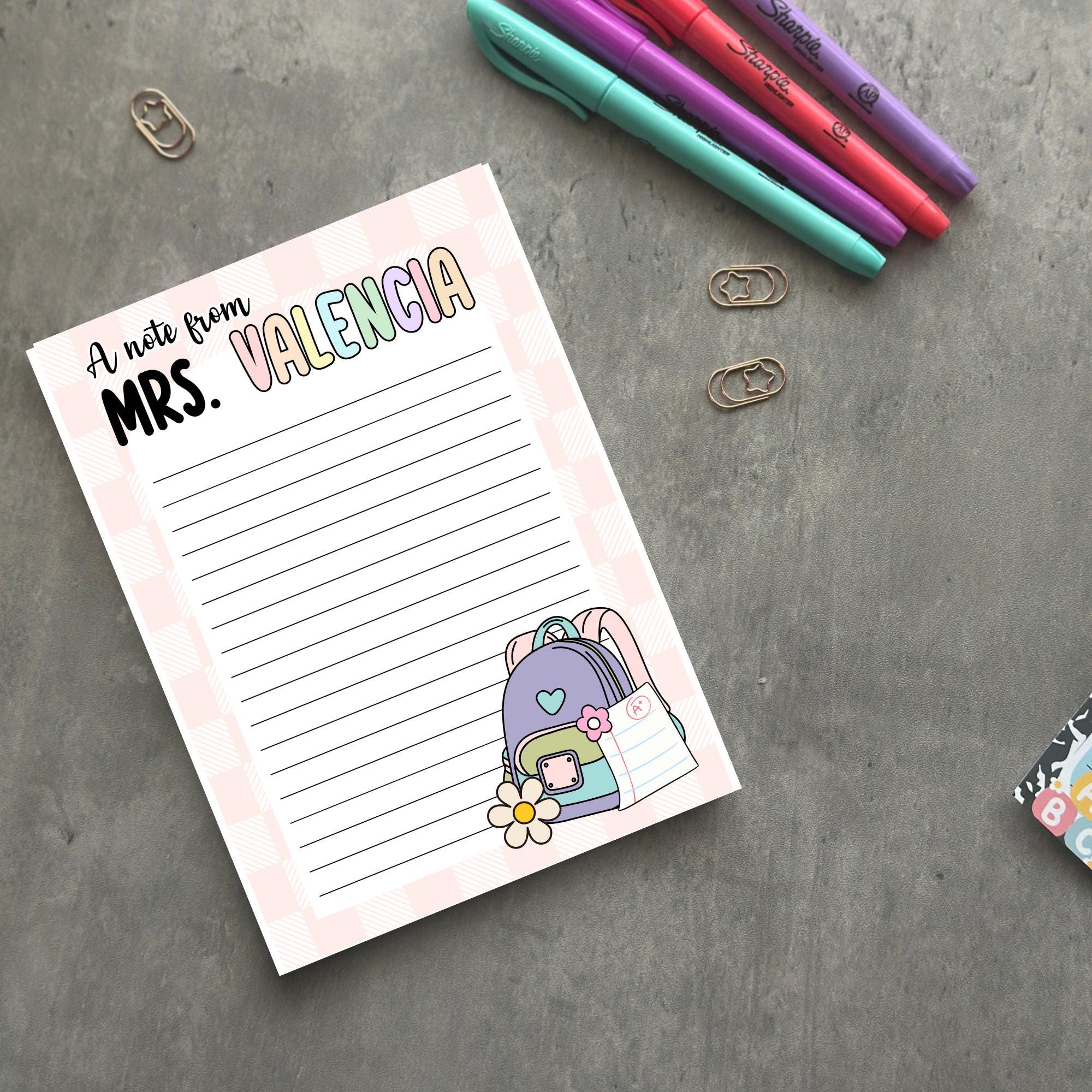 Personalized Teacher Notepad, Custom Name Stationery, Pastel Backpack Design