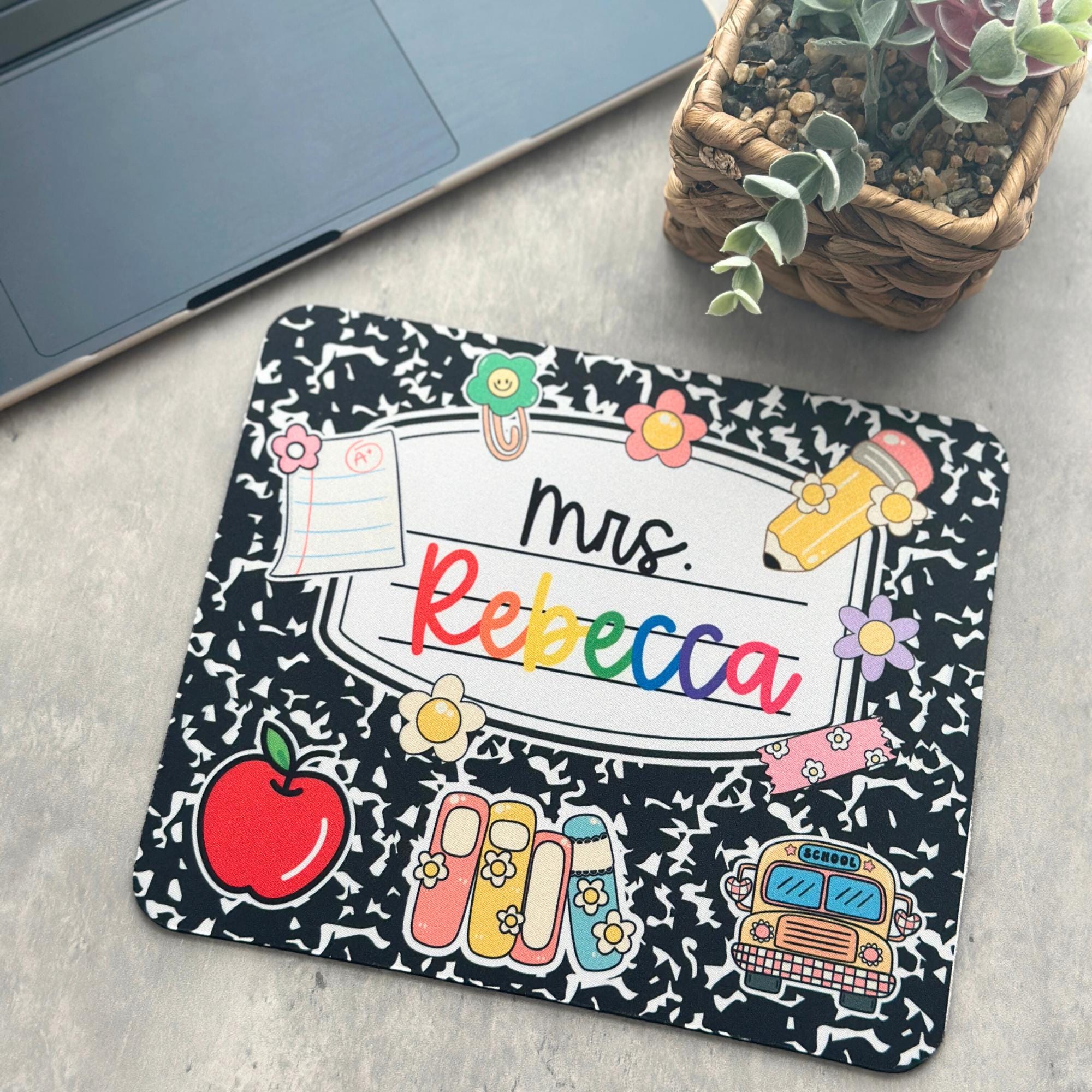 Personalized Teacher Mouse Pad, Custom Name Gift, Composition Notebook Style