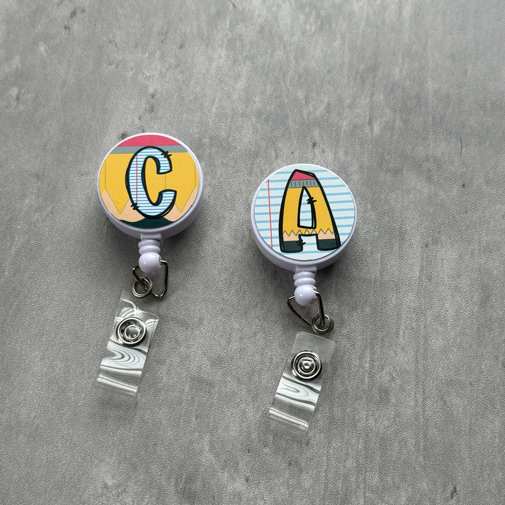 Custom Initial Badge Reel, Personalized Teacher Retractable ID Clip, Composition Notebook Paper Pencil Background, Cute Back to School Gift