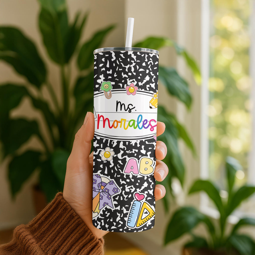 Personalized Teacher Tumbler 20oz | Custom Name Teacher Cup | Back to School Gift | Composition Notebook Tumbler