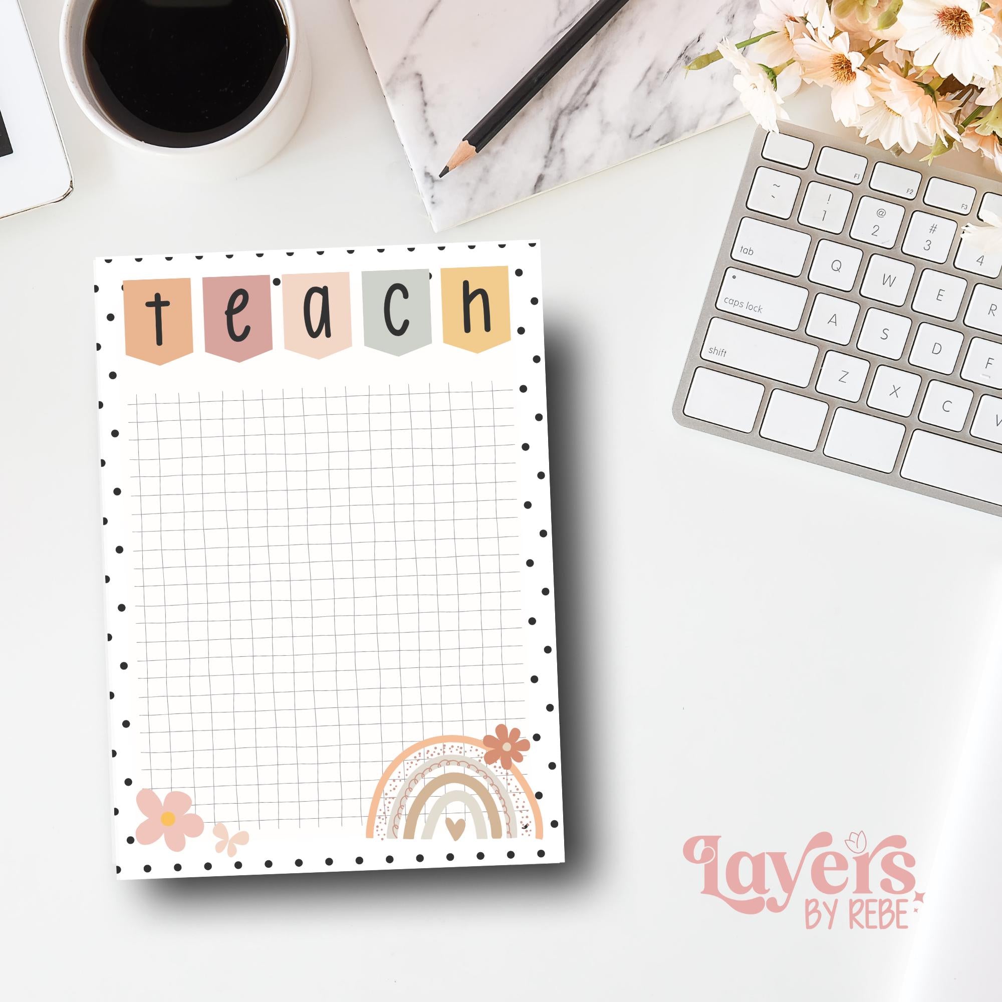 Boho Teacher Notepad: Rainbow Floral Grid Paper - 5x7"