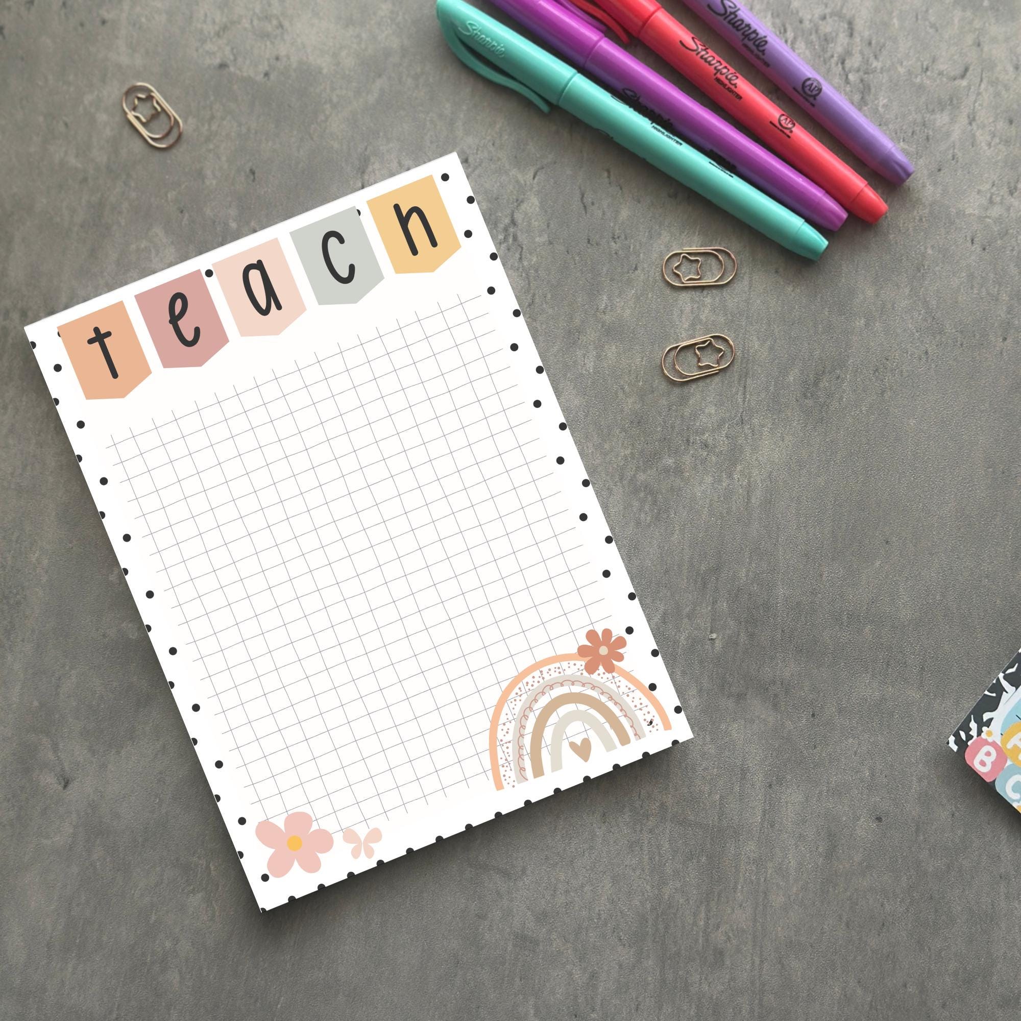 Boho Teacher Notepad: Rainbow Floral Grid Paper - 5x7"
