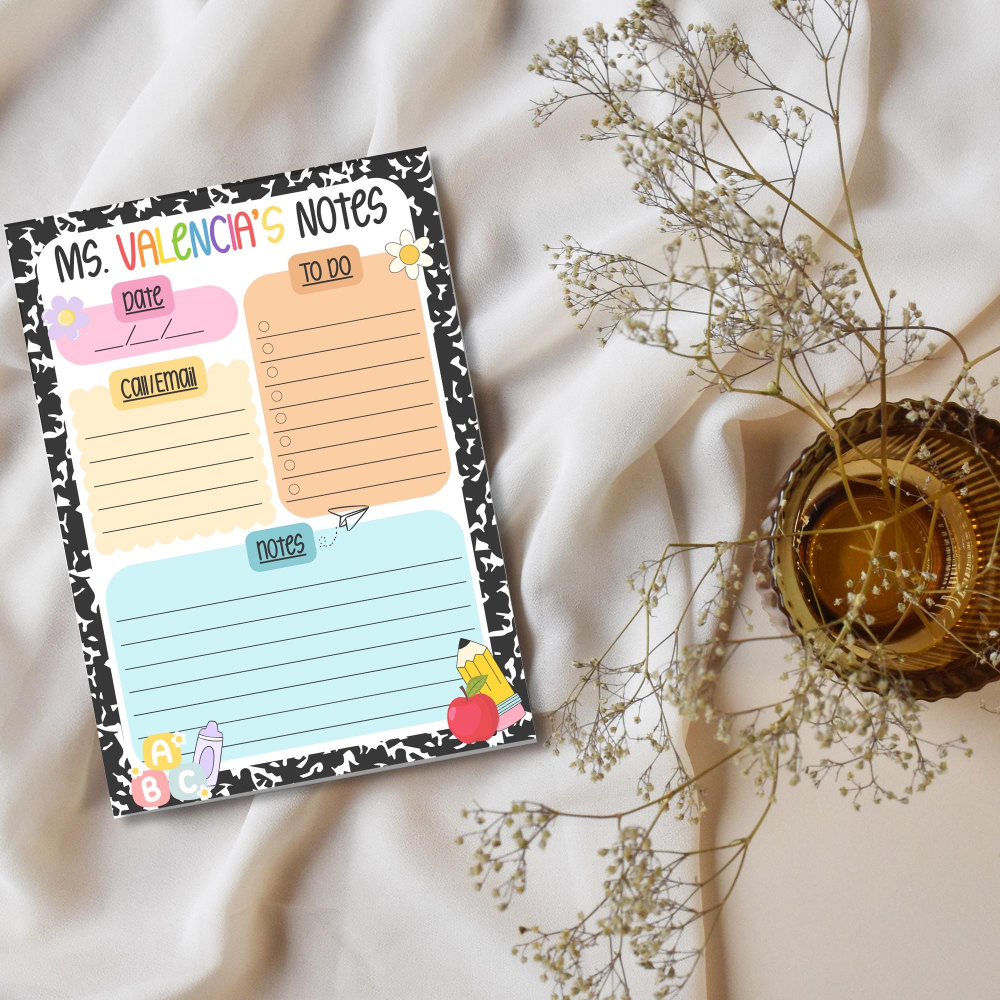 Personalized Teacher Notepad, Rainbow Composition Style, Custom Teacher Gift, To Do List, Email Log, Notes Pad for Classroom Desk